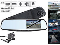 NavGear HD-Rückspiegel-Dashcam mit G-Sensor, 10,9-cm-Display & Rückfahr-Kamera; HD-Rückspiegel-Dashcam mit Rückfahr-Kamera HD-Rückspiegel-Dashcam mit Rückfahr-Kamera 